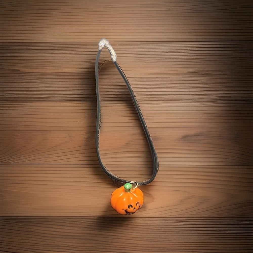 Halloween Jack O Lantern Pumpkin Pendant Necklace Orange Black Cord 18"